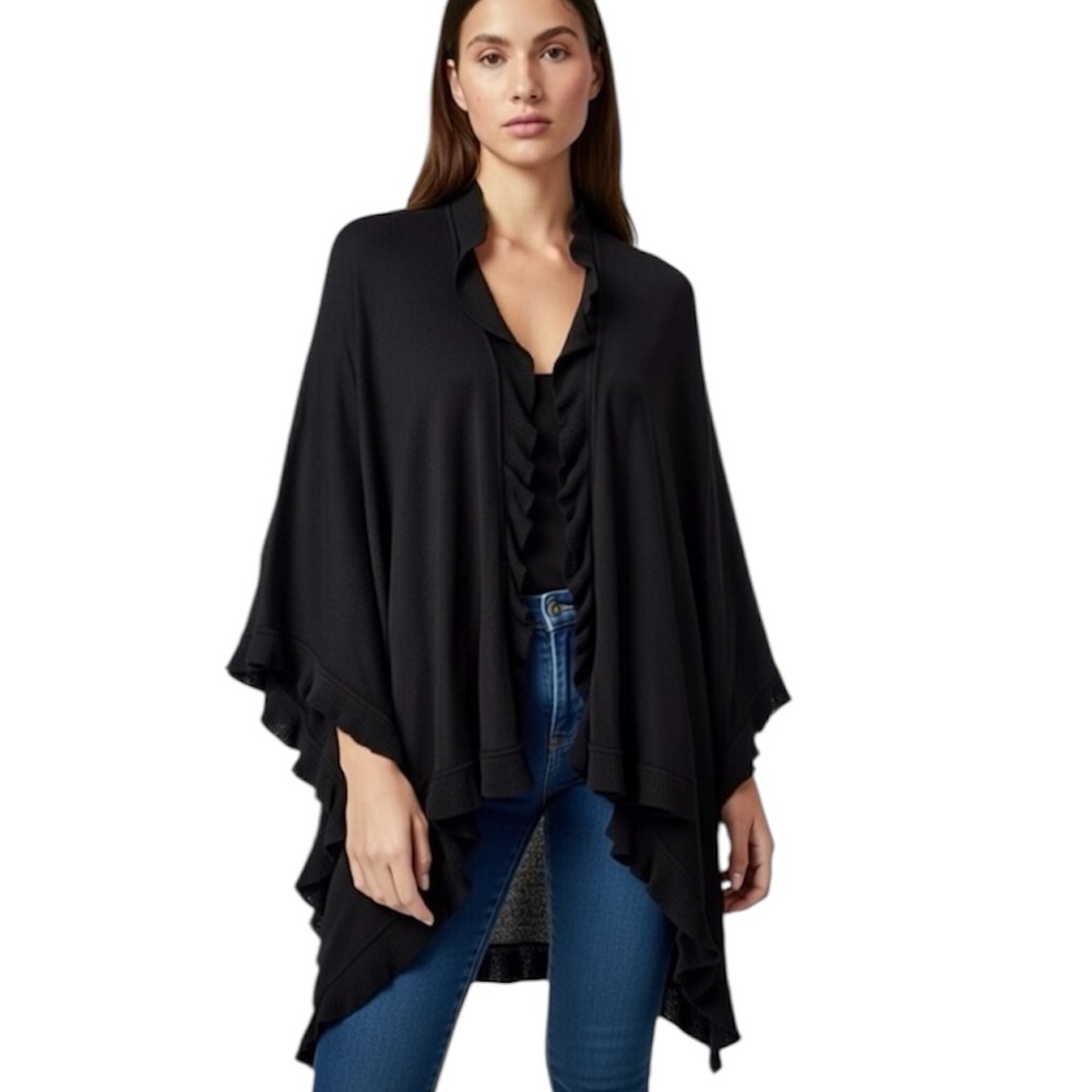 REITMANS One Size Ruffled Asymmetrical Open Front Sweater